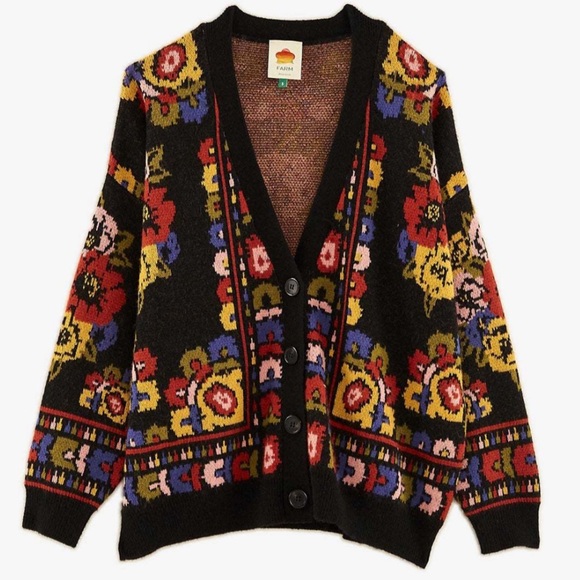 FARM Rio Sweaters - FARM Rio Black Floral Multicolor Button Cardigan